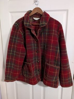 Orvis Womens Jacket Coat Fleece Sherpa Toggle Buttons Plaid Coat Red Size XL